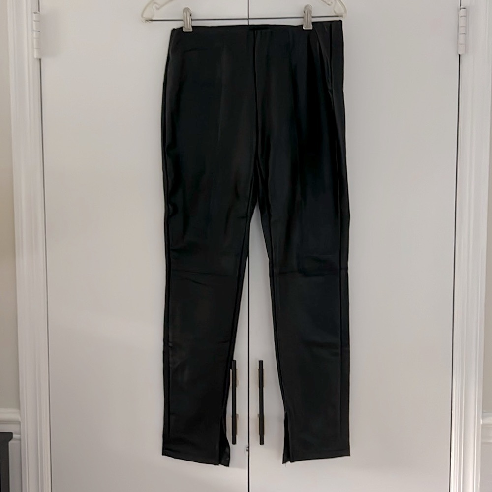 Black faux / vegan leather Who What Wear pants, size S Flared leg, elastic waist